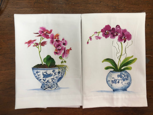 Orchids in Blue Jars Hand Towels Set of 2